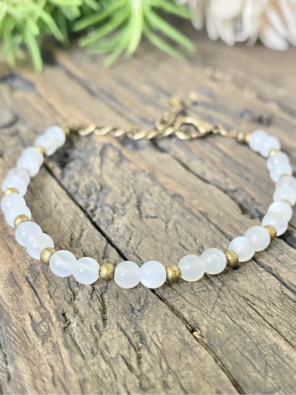 Dainty Natural Moonstone Beaded Bracelet, Adjustable